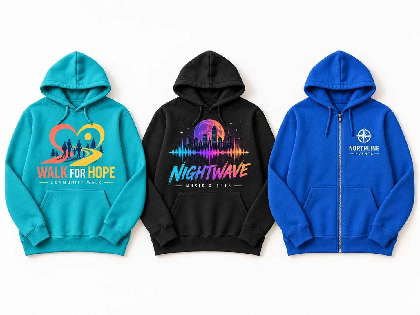 Two printed pullover hoodies and a branded blue zip hoodie.