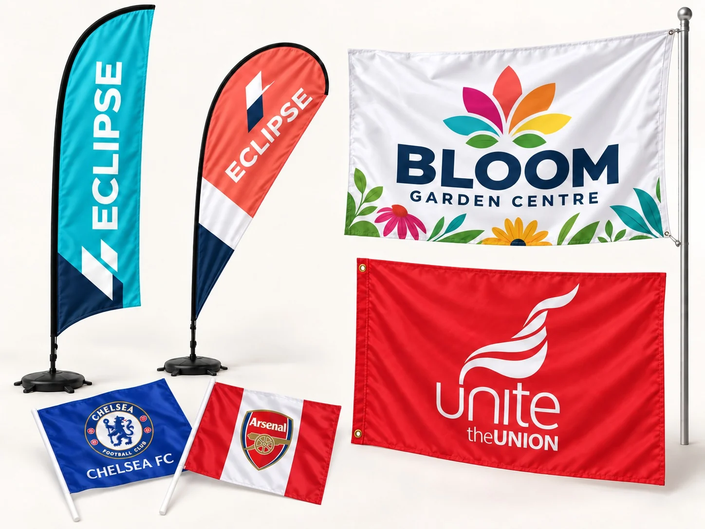 Feather, teardrop, company, union and football giveaway flags.