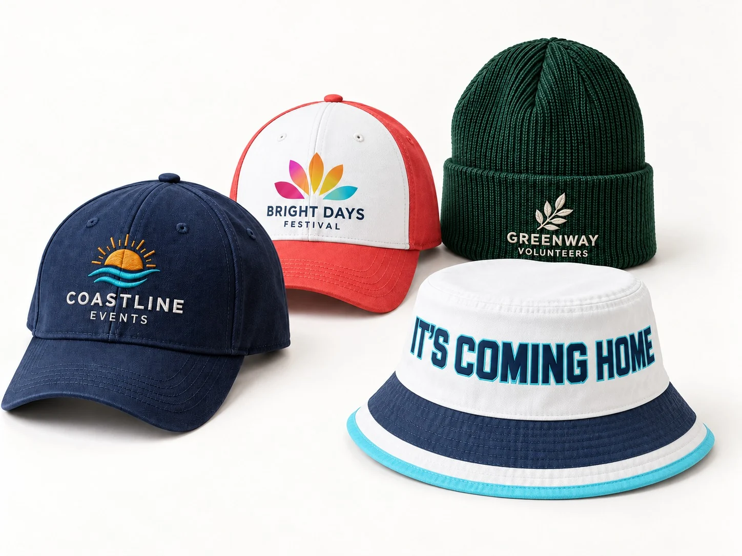Printed and embroidered caps, a green beanie and a white and blue bucket hat.