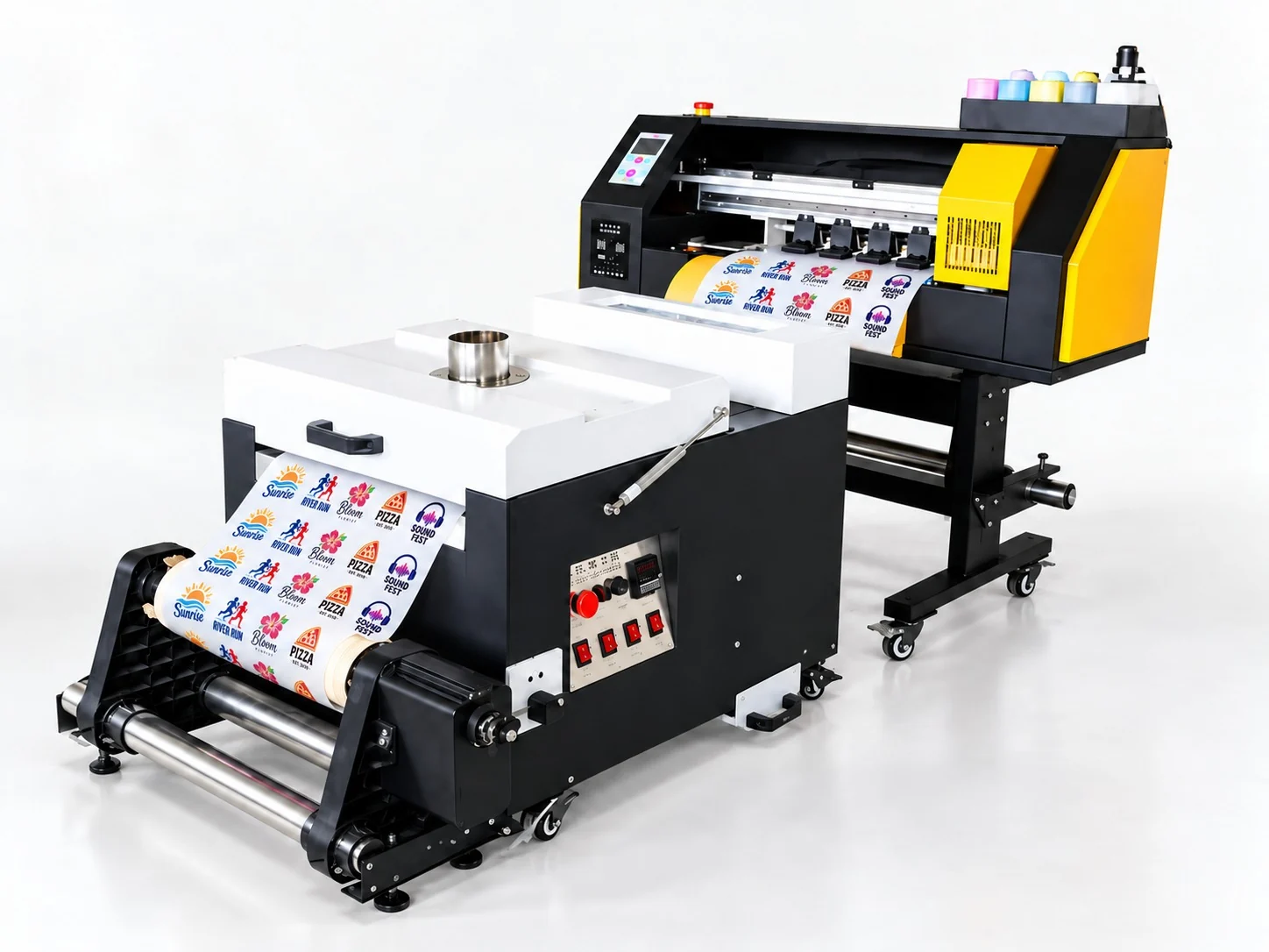 DTF printer and curing unit producing transfer film with rows of small colourful logos.