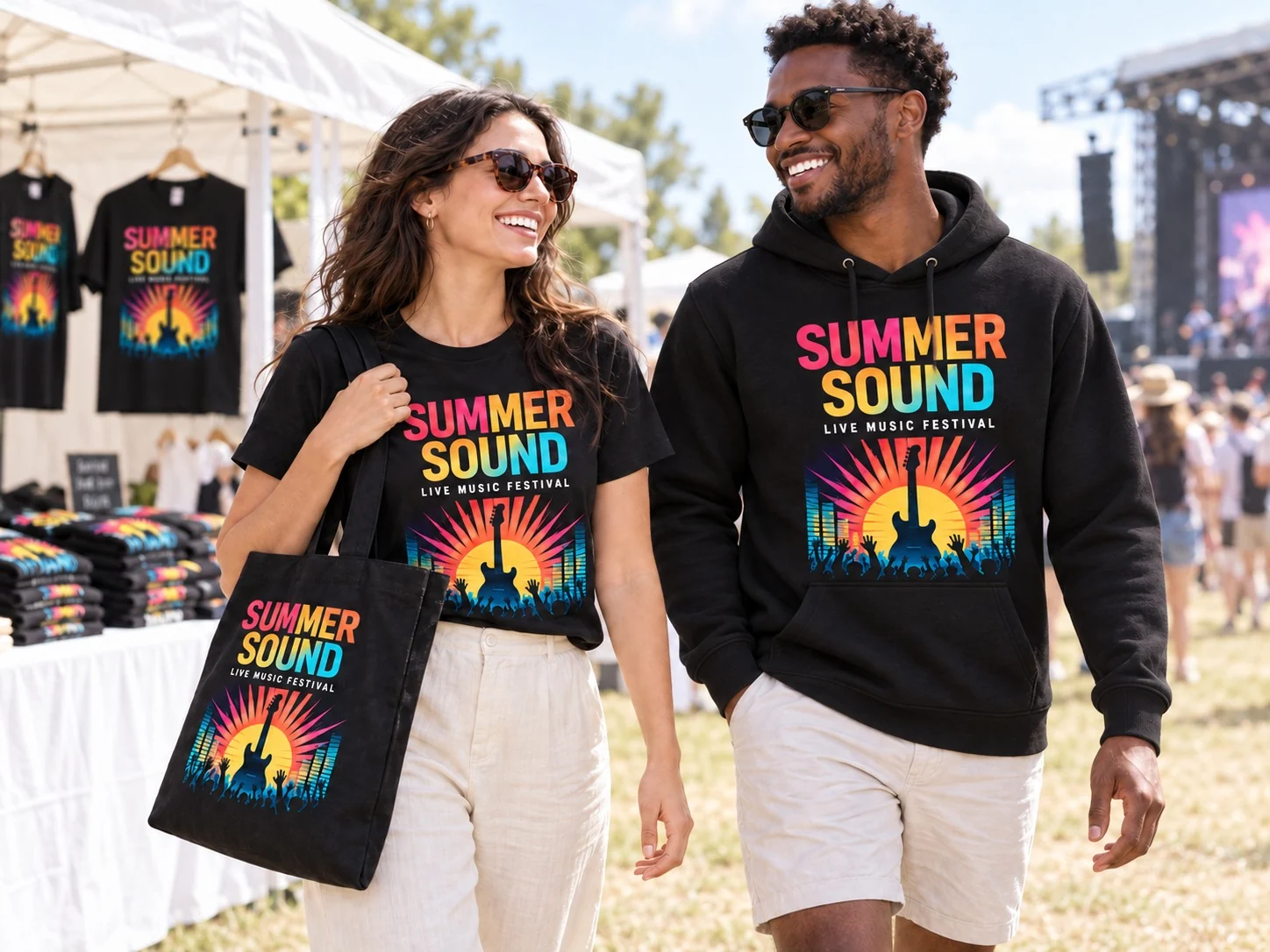 Festival visitors wearing a printed hoodie and T-shirt with a matching tote bag.