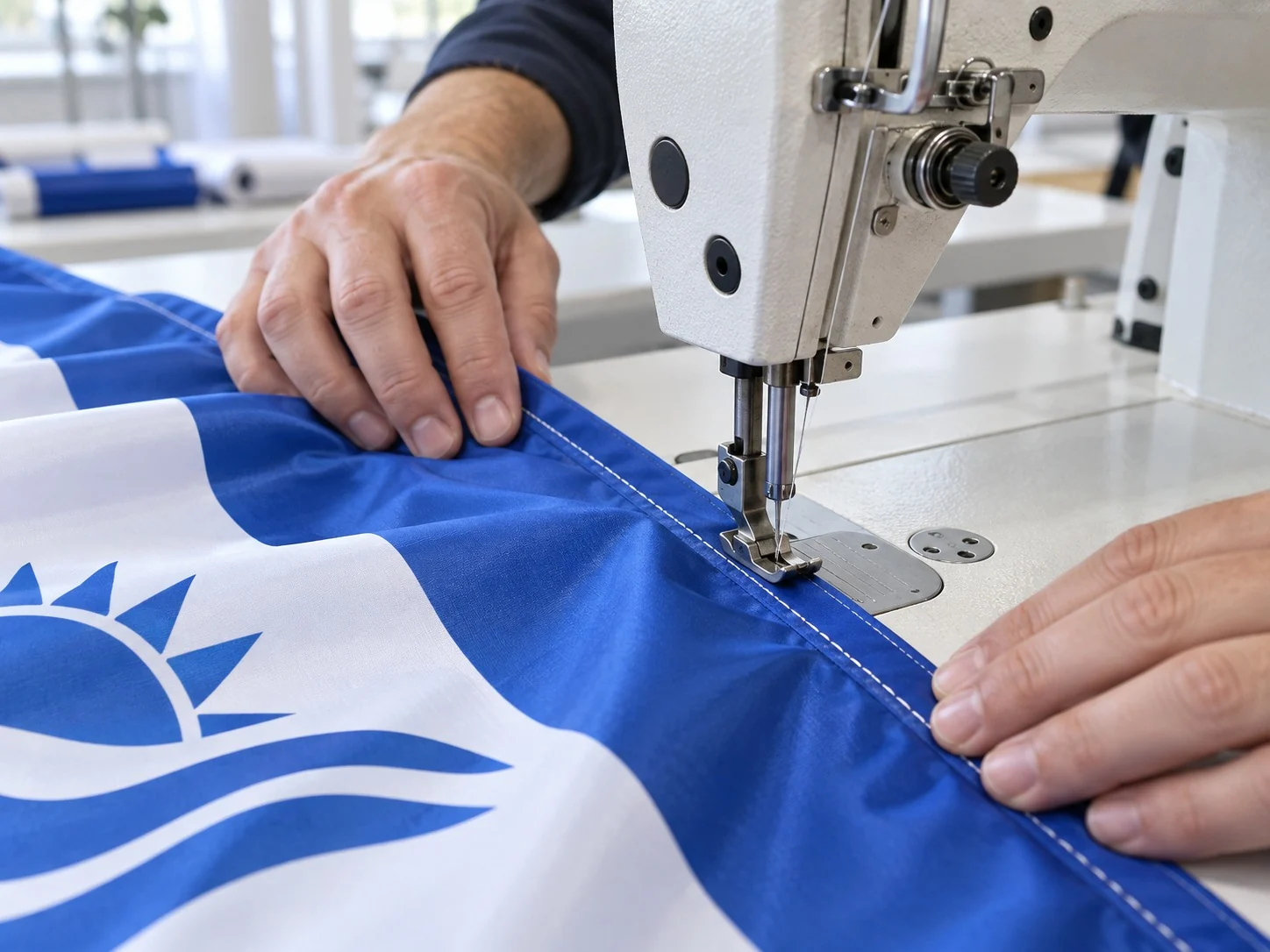 Machinist guiding a blue and white flag hem through an industrial sewing machine.