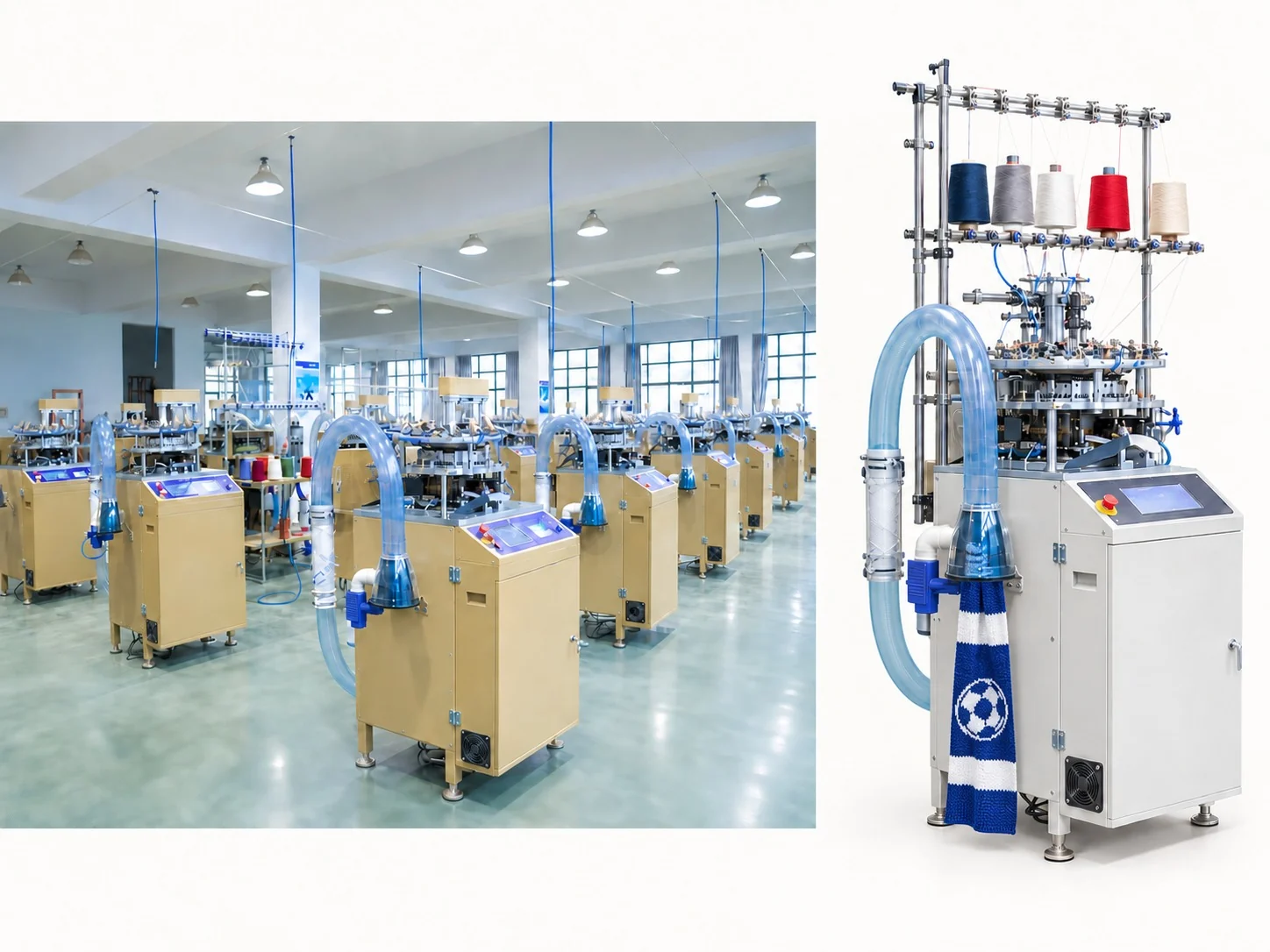 Circular scarf machines alongside a modern machine with a scarf emerging from its front tube.