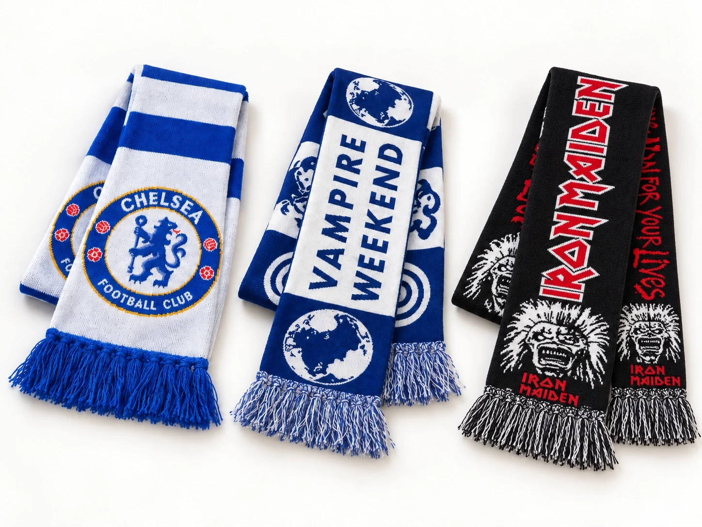 Custom branded merchandise UK example showing jacquard scarves with fringed ends.