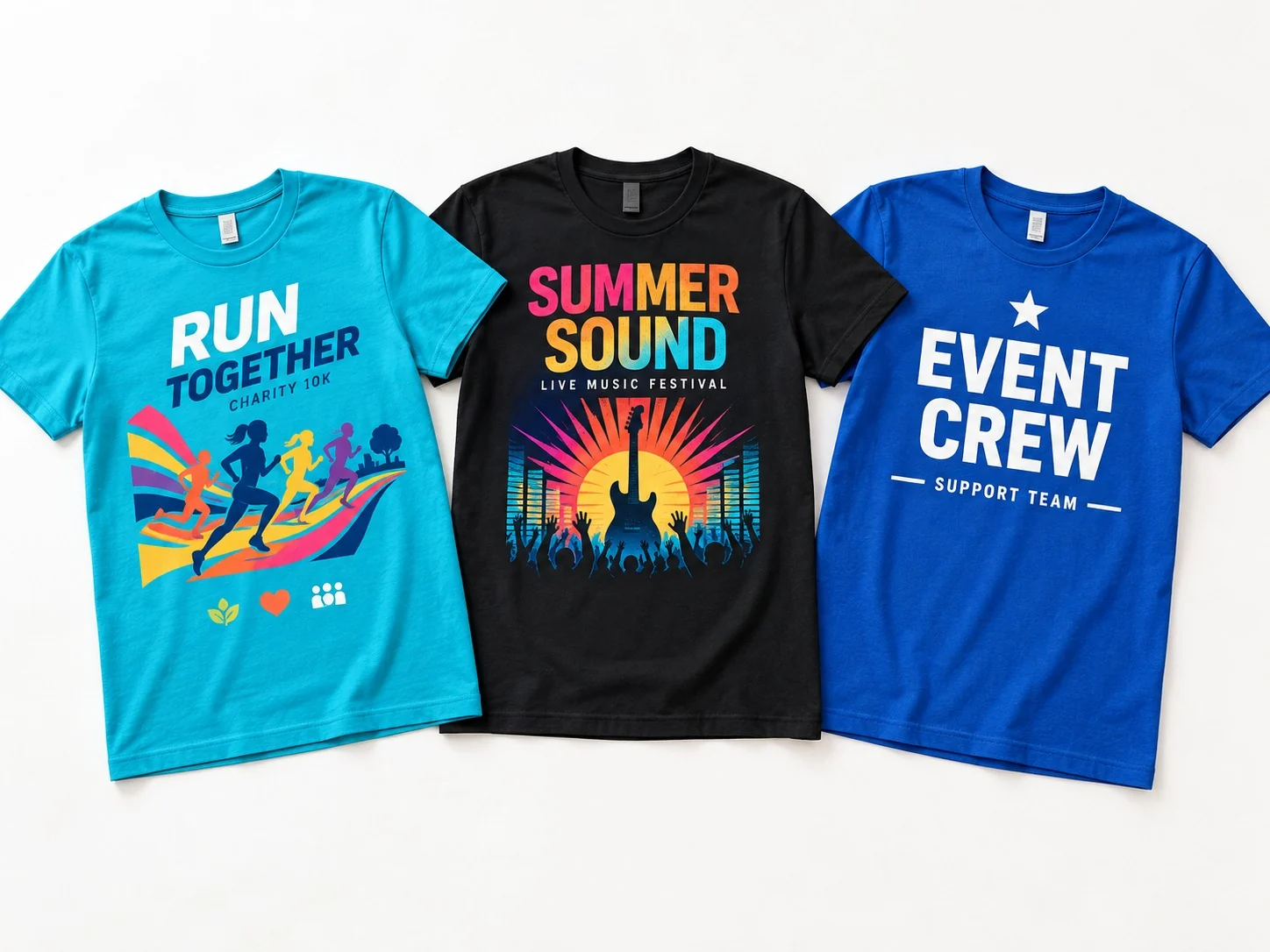 Printed charity-run, music-festival and event-crew T-shirts.