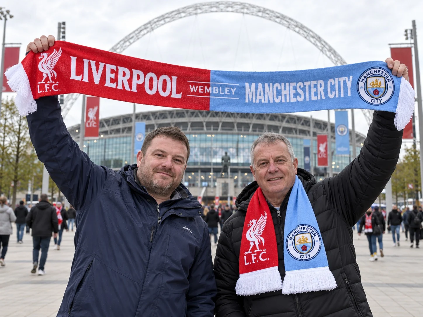 Two supporters outside Wembley holding a Liverpool and Manchester City half-and-half scarf.